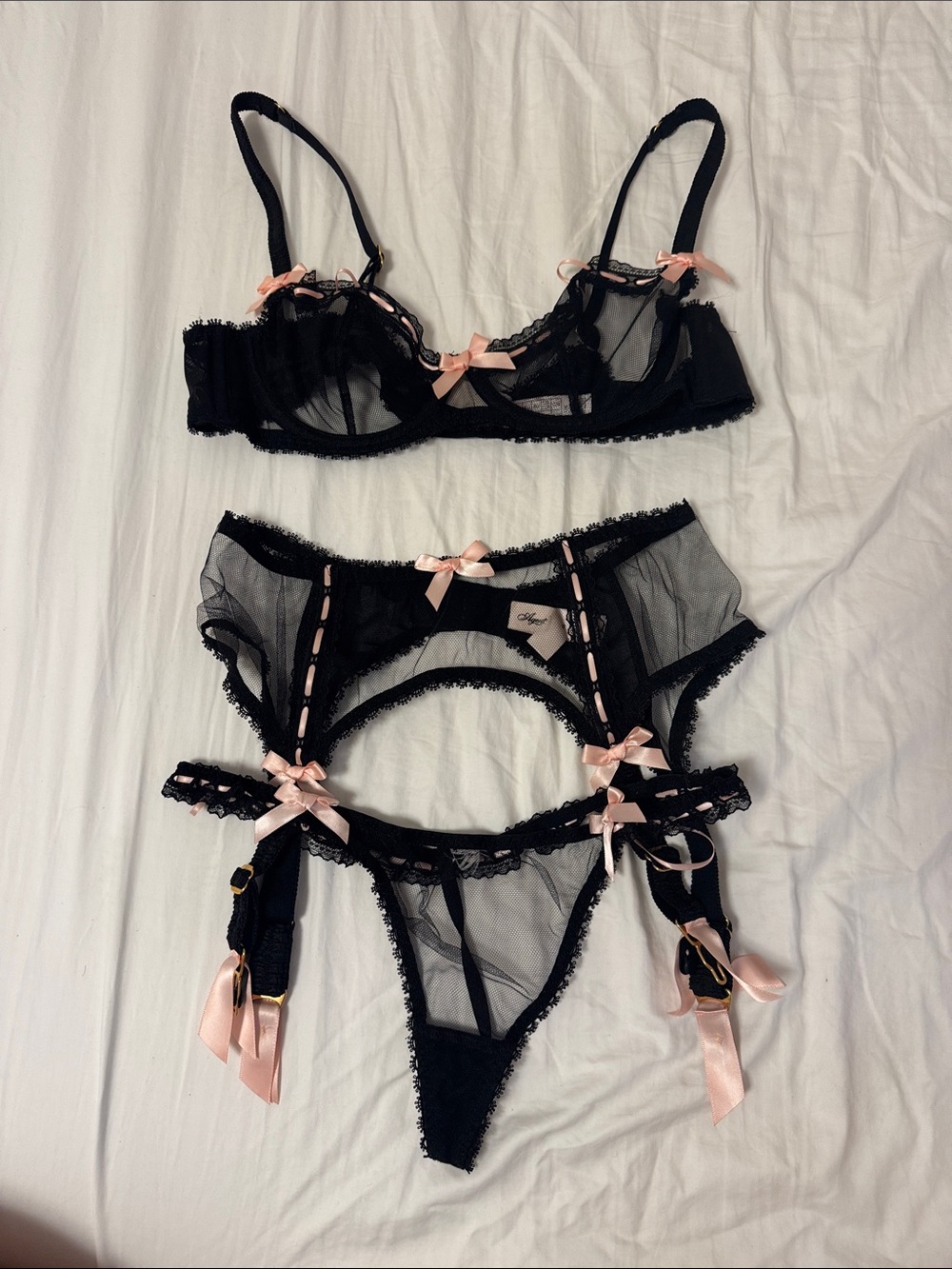 Sheer Black Lace Bra, Garter Belt & Thong Set with Pink Ribbon Accents